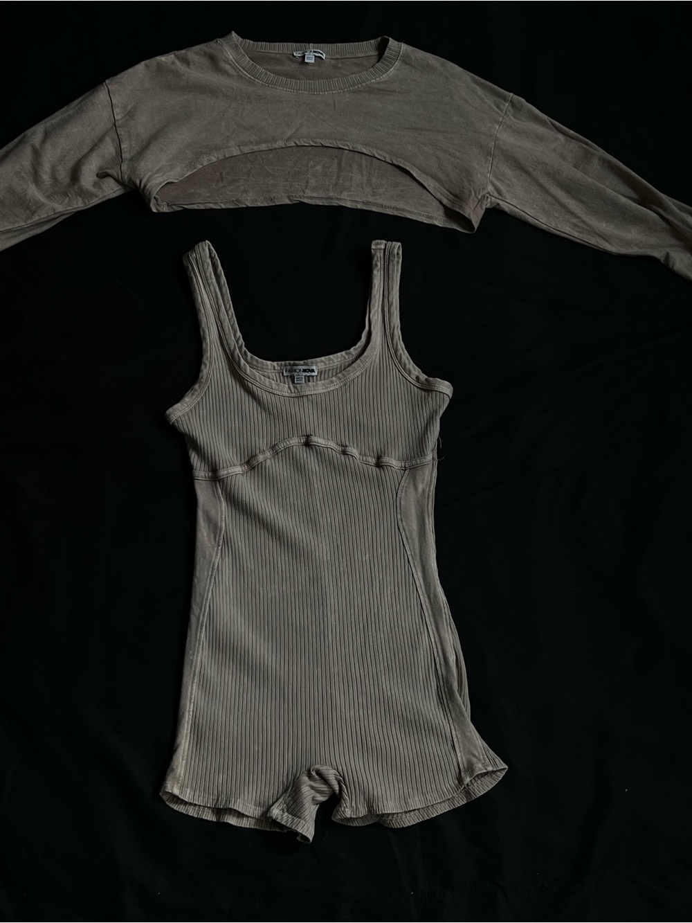 Fashion Nova Ribbed Tank Romper Set — Taupe Brown